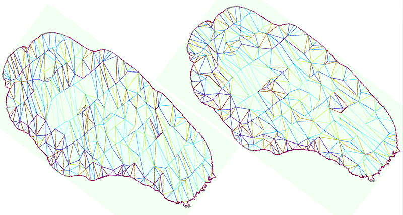 Left: griddata applied directly to lon-lat coordinates (expressed in degrees) resulting in failure connect the nearest points, producing narrow triangles, and failing to achieve propery of Delone triangulation. Right - griddata in conformally projected coordinates.