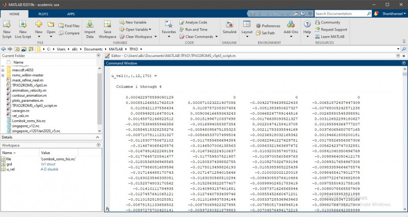 data contained in 'u' variable when seen by ncread in MATLAB