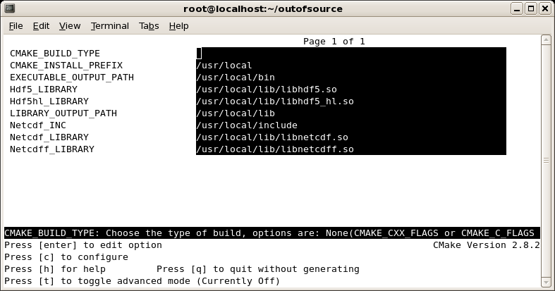What ccmake should show with the CentOS 5.5 Virtual Box image.