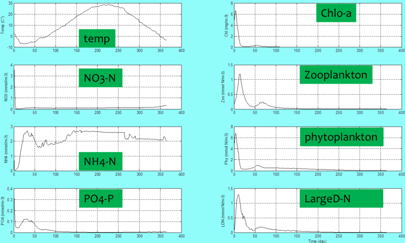 each box was identified by the patch on it.X-axis stands for run time(day),Y-axis for nutrients concentrations(mmol/m3,except for temp and Chl-a).